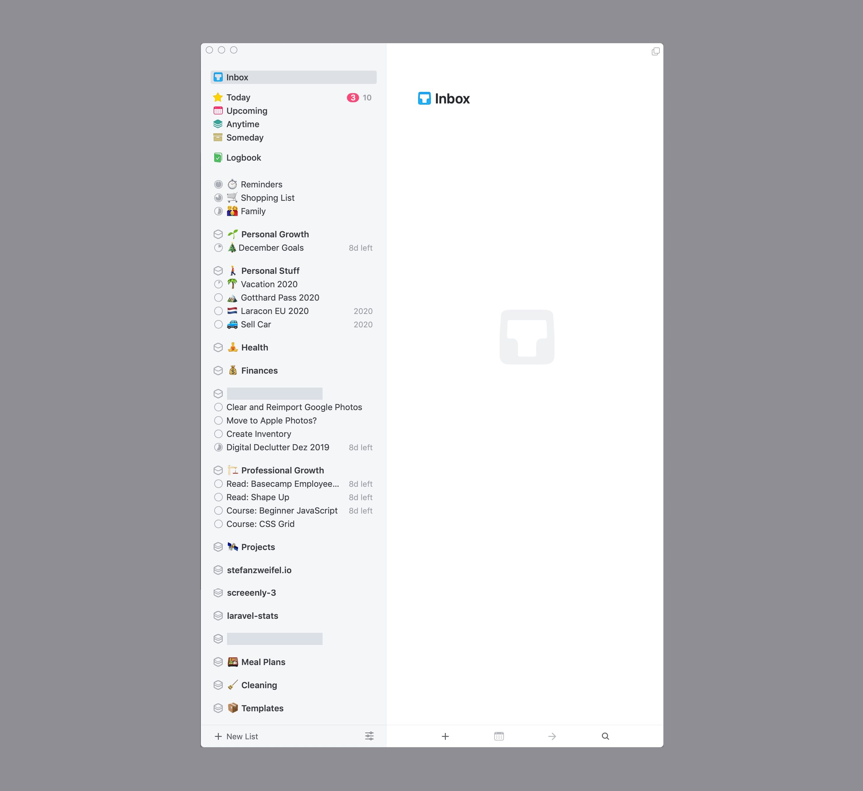 Screenshot of Things 3 on macOS with tasks and projects on December 23rd
