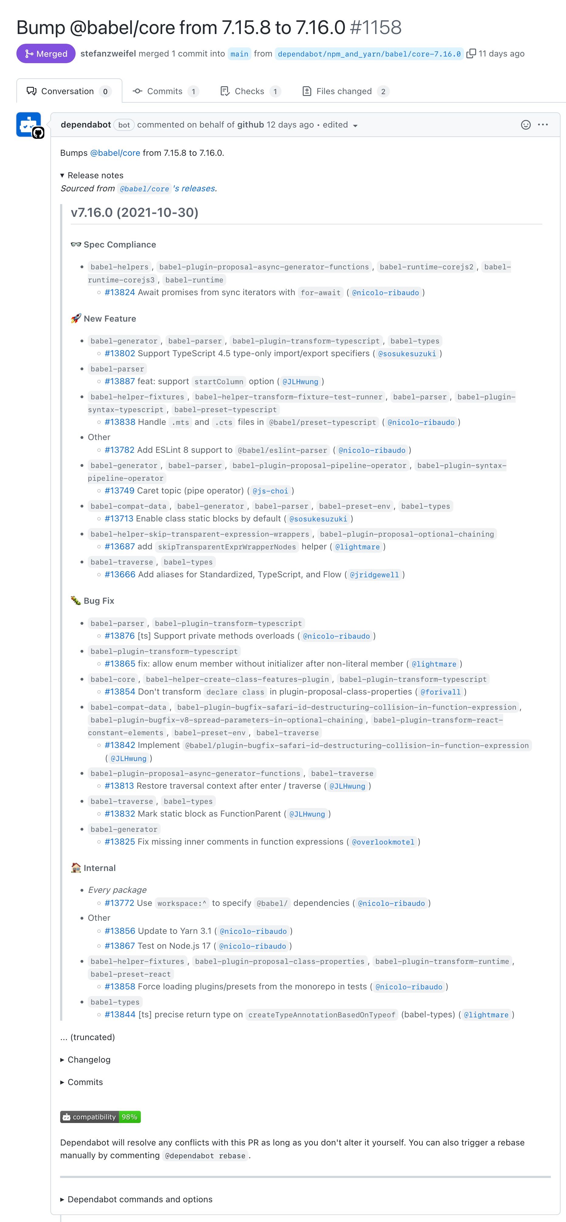 Screenshot of a Pull Request showing the release notes related to the @babel/core dependency.